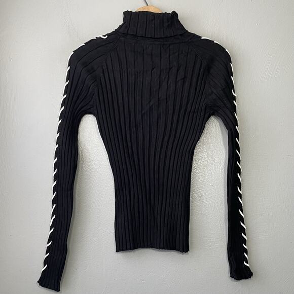 Y2K Turtleneck Sweater Size Medium Black Ribbed Knit White Stitching Avant Garde - Picture 4 of 8